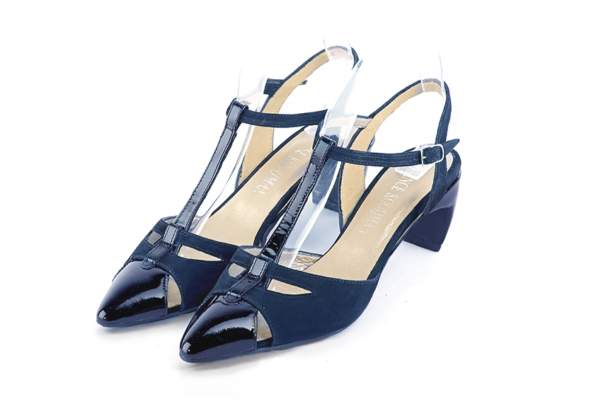 Navy blue women's open back T-strap shoes. Tapered toe. Medium comma heels. Front view - Florence KOOIJMAN